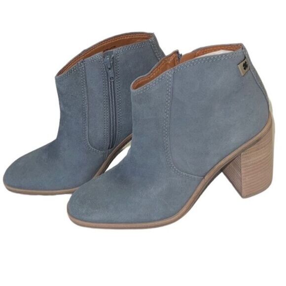 Lucky Brand Pellyon Slate Gray Suede Zip Wooden Western Ankle‎ Boots Sz 7 New - Picture 1 of 14